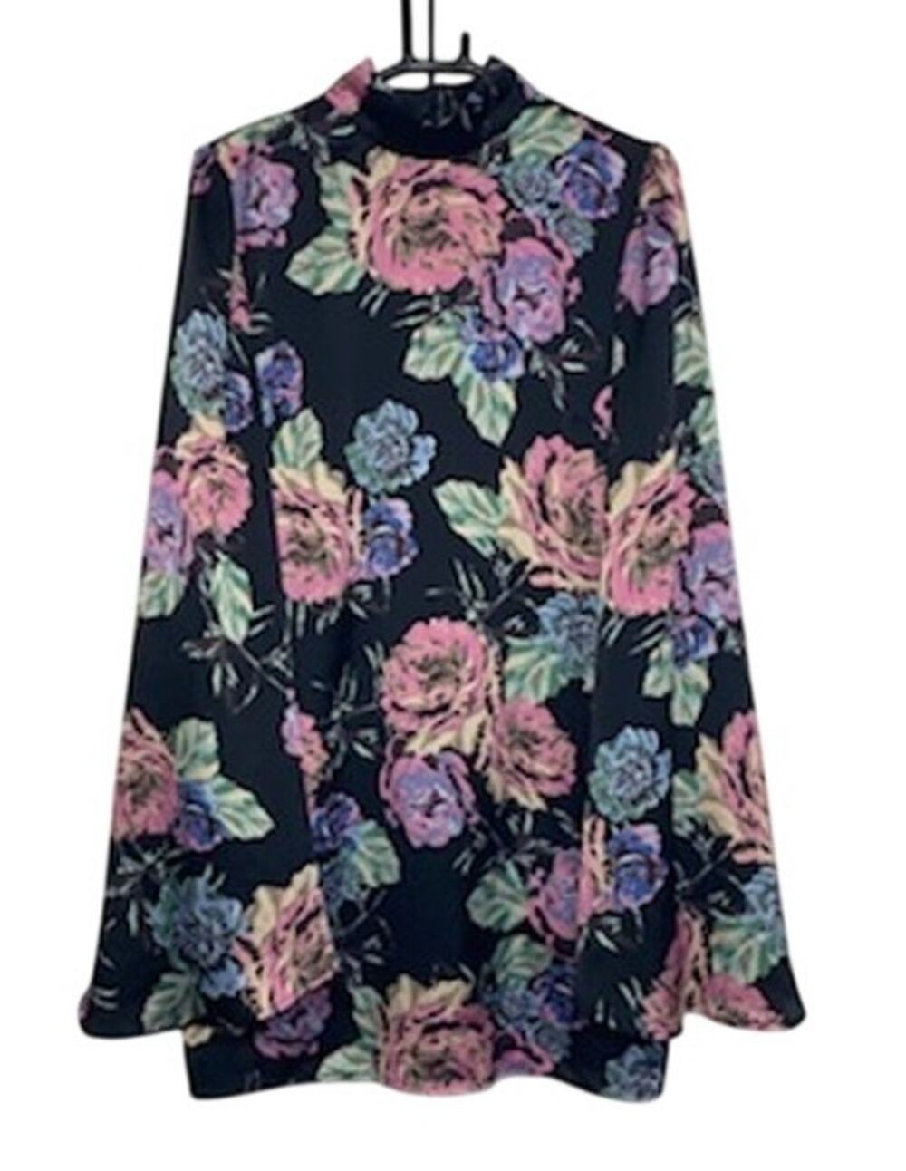 Abstract Floral Mock‑Neck Dress • Open Back • Retro Sleeves • Sz L